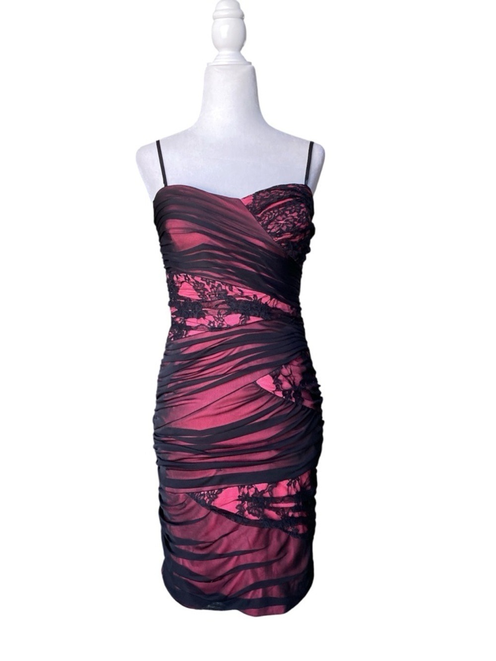 City Triangles vintage Ruched Black Lace-Overlay Cocktail Dress in Fuchsia Pink